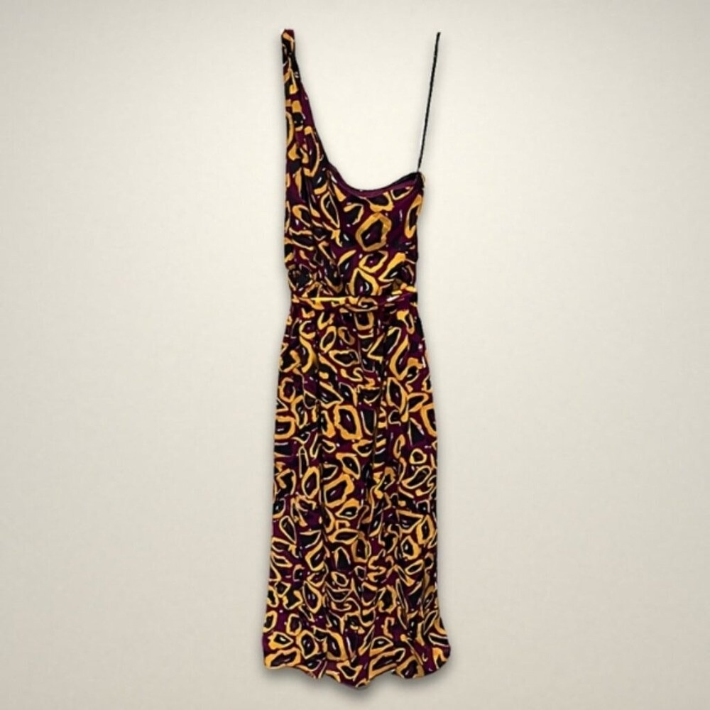 Nicole Miller Maxi Dress One-Shoulder Tie Waist‎ Burgundy/Yellow/Black W 14 NWT